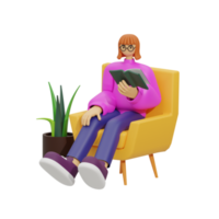 3d illustration sitting in the sofa with reading book png