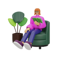 3d illustration sitting in the sofa with reading book png