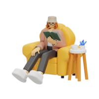 3d illustration sitting in the sofa with reading book png