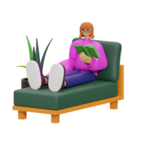 3d illustration sitting in the sofa with reading book png