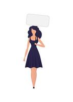 A girl in full growth protests with a banner. Isolated on white background. Flat style. illustration. vector