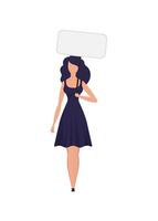 A girl in full growth protests with a banner. Isolated on white background. Flat style. Vector illustration.