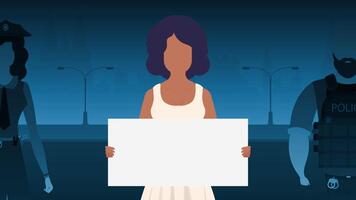 A woman protests with a banner against the backdrop of the city. The concept of expressing thoughts, dissatisfaction and protests. illustration. vector