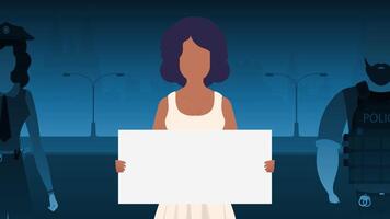 A woman protests with a banner against the backdrop of the city. The concept of expressing thoughts, dissatisfaction and protests. Vector illustration.