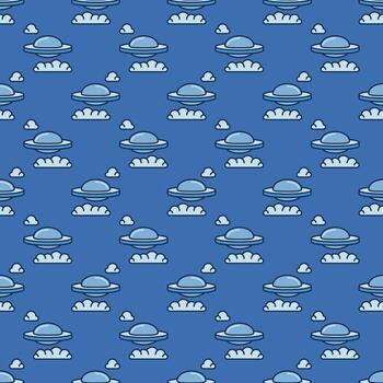 UFO Flying Saucer in Sky with Clouds vector seamless pattern