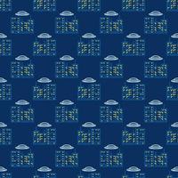 Alien Spaceship over City Buildings vector outline seamless pattern