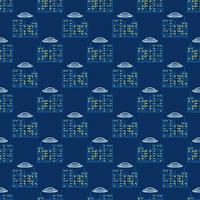 Alien Spaceship over City Buildings vector outline seamless pattern