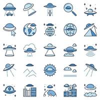 UFO colored icons set. Flying Disc and Alien Spaceship vector signs