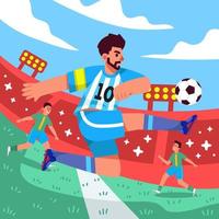 fútbol jugador regate pelota en el fútbol campo vector