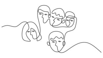 Hand drawing one continuous line of five abstract faces group people vector