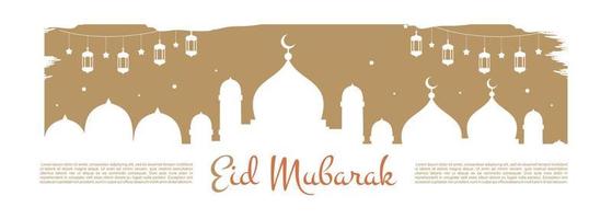Eid mubarak banner background with hanging lanterns and mosque. vector