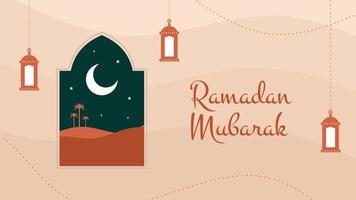 Ramadan mubarak banner background with big window and lanterns. vector