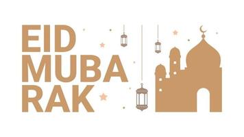 Eid mubarak banner background with mosque and lanterns. vector