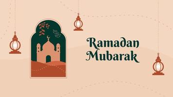 Ramadan mubarak banner background with window, mosque and lanterns. vector