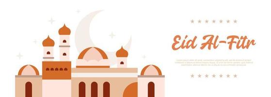 Eid al fitr banner background with mosque and moon. vector