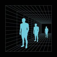 people in square tunnel for retro futuristic element vector