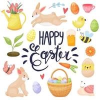 Banner Happy Easter. Modern vector holiday design with typography. Easter Bunny. Painted eggs. Modern minimalist style.