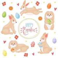 Banner Happy Easter. Modern vector holiday design with typography. Easter Bunny. Painted eggs. Modern minimalist style.