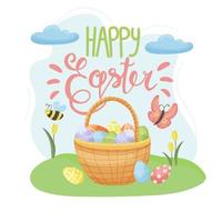 Banner Happy Easter. Modern vector holiday design with typography. Easter Bunny. Painted eggs. Modern minimalist style.