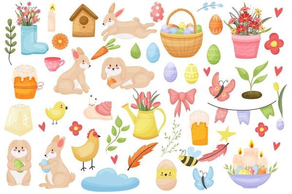 Banner Happy Easter. Modern vector holiday design with typography. Easter Bunny. Painted eggs. Modern minimalist style.