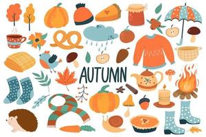 Big vector set with autumn attributes. Sweater, duty, pastries, hot tea, cinnamon, candle, yellow leaf, hat, scarf. Hello, Autumn. Illustration in modern cute style.