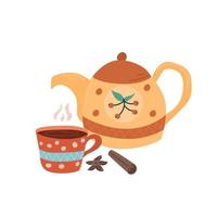 Autumn tea. Cinnamon, teapot, flat vector illustration. Tea drinking. Vector objects isolated on white background. sticker.