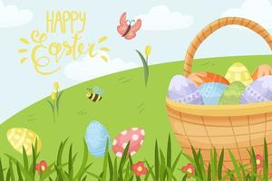 Banner Happy Easter. Modern vector holiday design with typography. Easter Bunny. Painted eggs. Modern minimalist style.