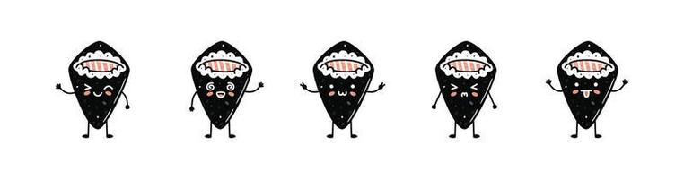 Set of kawaii temaki sushi mascots in cartoon style vector