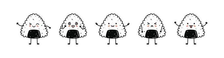 Set of kawaii onigiri sushi mascots in cartoon style vector