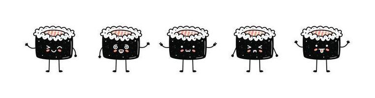 Set of kawaii maki sushi mascots in cartoon style vector