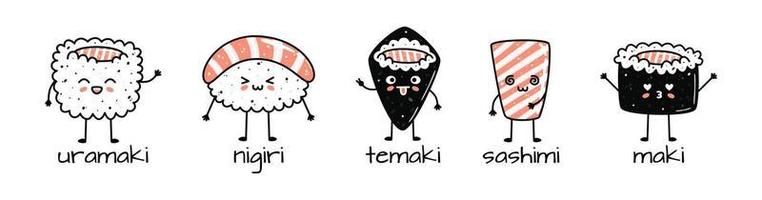 conjunto de kawaii Sushi mascotas en dibujos animados estilo. diferente tipos de Sushi vector