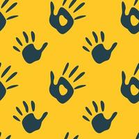 Vector flat hand drawn seamless pattern with hand print, palm stamp, fingers silhouette