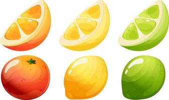 Set of cartoon citrus fruits. Orange, lemon, lime and slices on transparent background vector