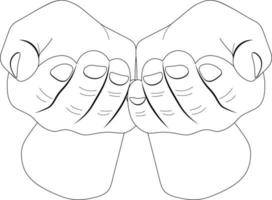 Vector image of pleading hands in line style. Handshake, hands begging for alms. Two hands on transparent background