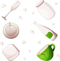 Recyclable waste, glass debris, broken glassware and shards of glass icons on transparent background. Environment protection, sustainable development, Green living, ecolife vector