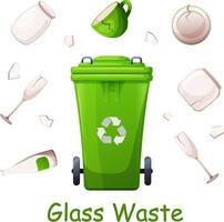 Recyclable waste, glass waste, broken glassware and shards of glass with dumpster.  Environment protection, sustainable development, Green living, ecolife vector