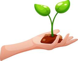 Vector illustration of hand with small sprout and piece of ground on the hand. Transparent background