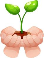 Vector image of hands with plant sprout and piece of earth on transparent background. Green life, ecolife, sustainable development