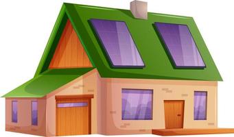 Vector image of private single story house with solar panels in cartoon style. Brick building with red roof, wooden inserts, door on transparent background concept
