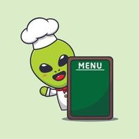 linda cocinero extraterrestre con menú tablero dibujos animados vector ilustración.