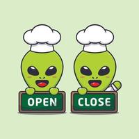 Cute chef alien with open and close sign board cartoon vector illustration.