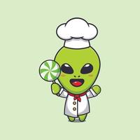 Cute chef alien holding candy cartoon vector illustration.