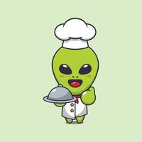 Cute chef alien with dish cartoon vector illustration.