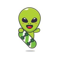 Cute alien playing skateboard. Cartoon vector Illustration suitable for poster, brochure, web, mascot, sticker, logo and icon.