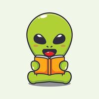 Cute alien reading a book cartoon vector illustration.