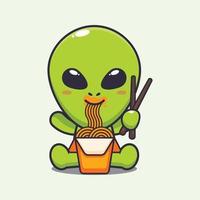 Cute alien eating noodle cartoon vector illustration.