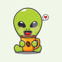 Cute alien with hot coffee cartoon vector illustration.