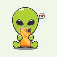 Cute alien with phone cartoon vector illustration.