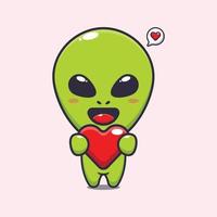 Cute alien holding love heart cartoon vector Illustration.