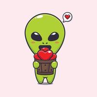 PrintCute alien holding love in wood bucket cartoon vector Illustration.